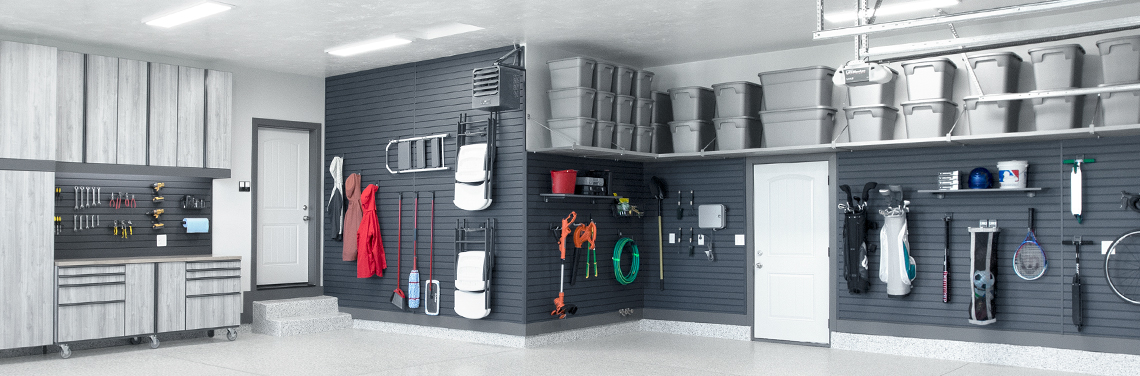 Garage slatwall and storage cabinets