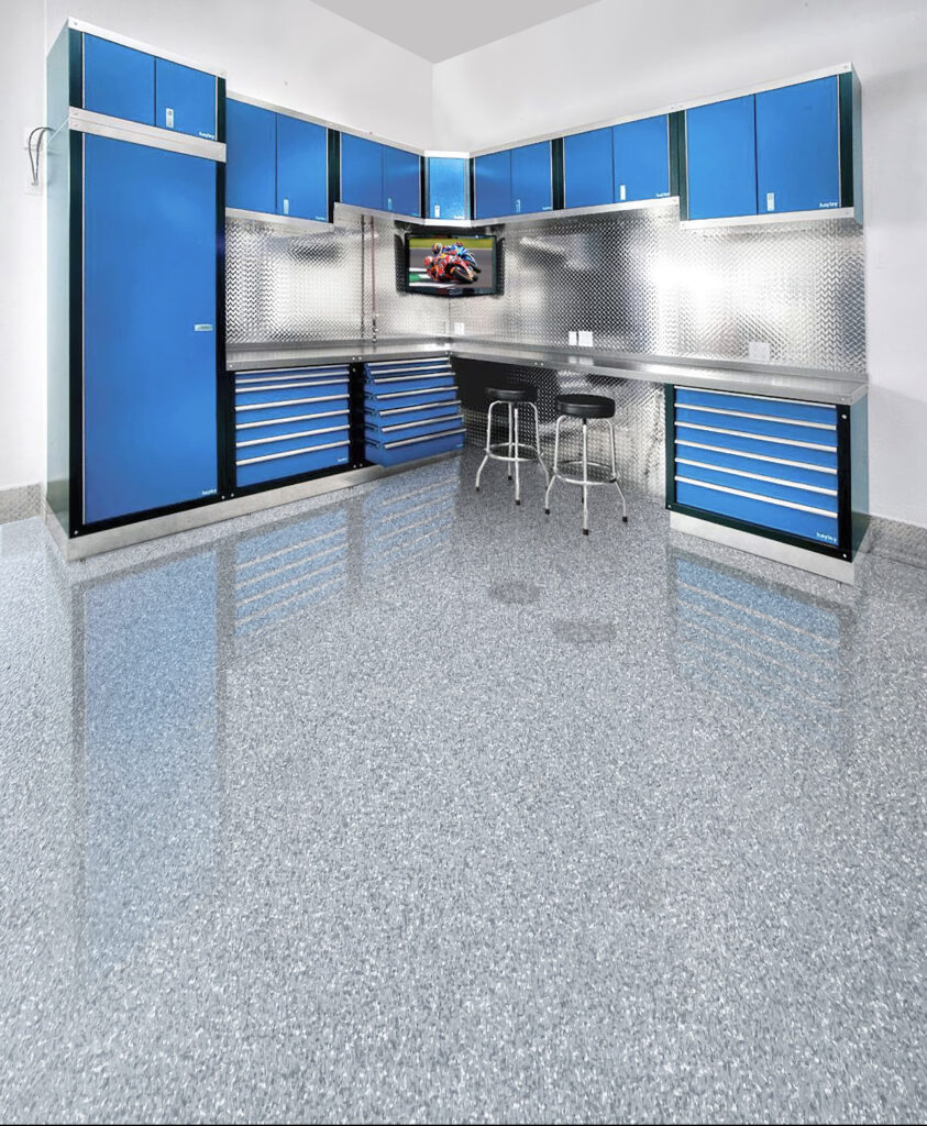 Blue garage storage cabinets with workbench